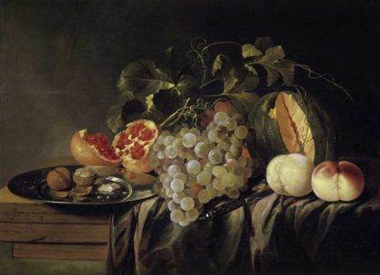 Picture of STILL LIFE OF A MELON ON A PEWTER PLATE AND PEACHES