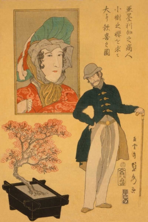 Picture of AMERICAN MERCHANT DELIGHTED WITH MINIATURE CHERRY TREE (AMERIKA NO SHONIN SHOJU NO SAKURA O MOTOMETE