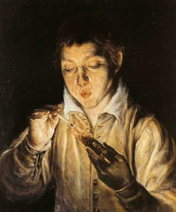 Picture of BOY BLOWING ON AN EMBER TO LIGHT A CANDLE
