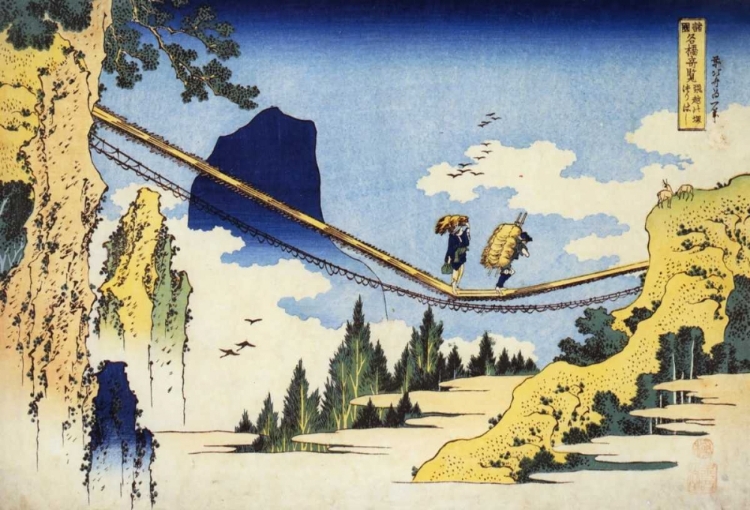 Picture of FARMERS CROSSING A SUSPENSION BRIDGE