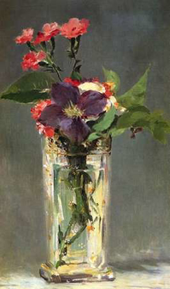 Picture of PINKS AND CLEMATIS IN A CRYSTAL VASE