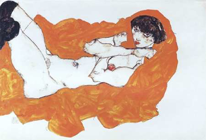 Picture of RECLINING FEMALE NUDE ON RED DRAPE