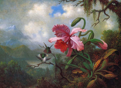 Picture of ORCHID AND HUMMINGBIRDS NEAR A MOUNTAIN LAKE