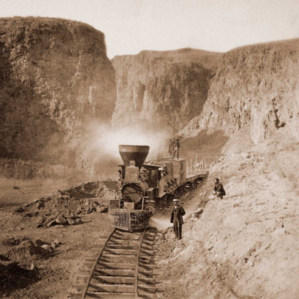 Picture of FIRST CONSTRUCTION TRAIN PASSING THE PALISADES, TEN MILE CANON, NEVADA, 1866-1869