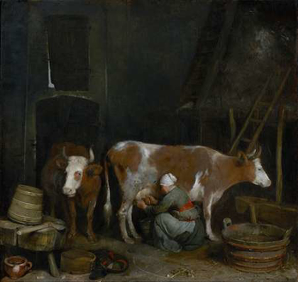 Picture of A MAID MILKING A COW IN A BARN