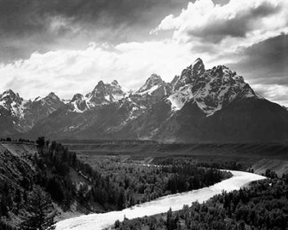 Picture of VIEW FROM RIVER VALLEY TOWARDS SNOW COVERED MOUNTAINS, RIVER IN FOREGROUND, GRAND TETON NATIONAL PAR