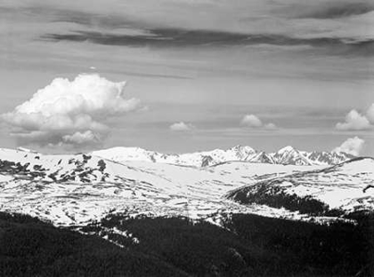 Picture of VIEW AT TIMBERLINE, DARK FOREGROUND, LIGHT SNOW CAPPED MOUNTAIN, GRAY SKY, IN ROCKY MOUNTAIN NATIONA