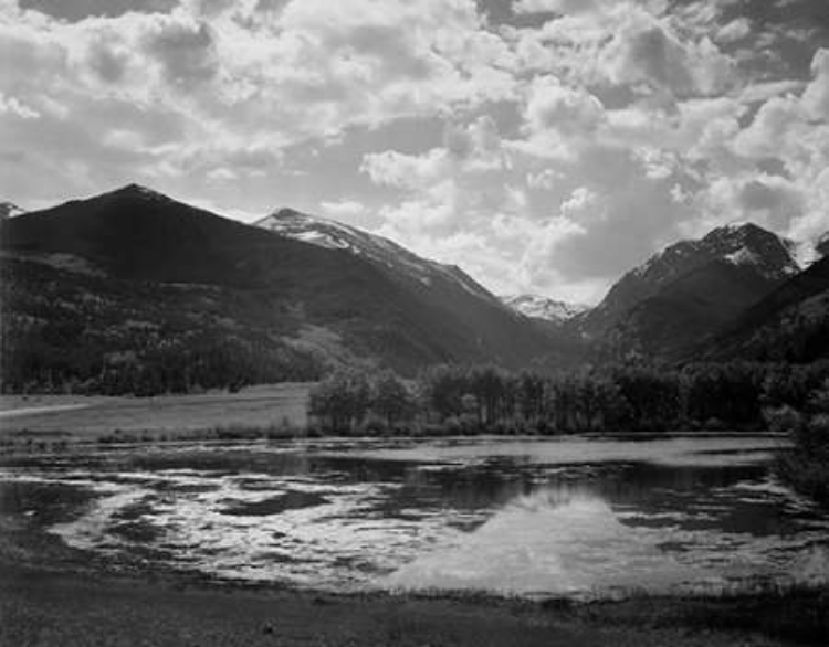 Picture of LAKE AND TREES IN FOREGROUND, MOUNTAINS AND CLOUDS IN BACKGROUND, IN ROCKY MOUNTAIN NATIONAL PARK, C