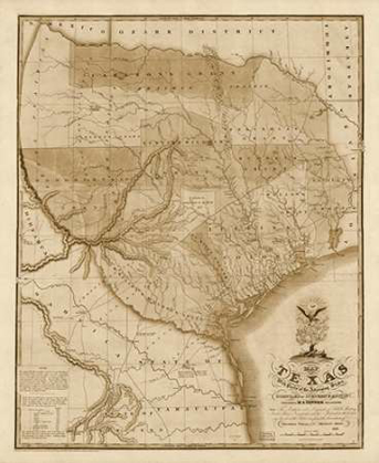 Picture of MAP OF TEXAS WITH PARTS OF THE ADJOINING STATES, 1837 - DECORATIVE SEPIA