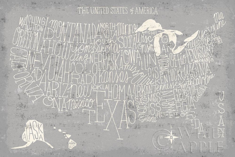 Picture of HAND LETTERED USA MAP GRAY