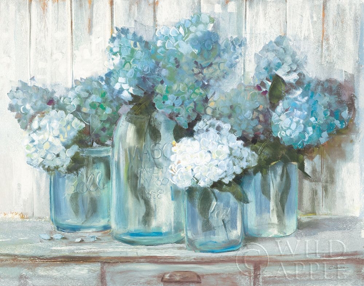 Picture of HYDRANGEAS IN GLASS JARS BLUE