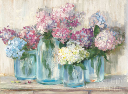 Picture of HYDRANGEAS IN GLASS JAR PASTEL CROP