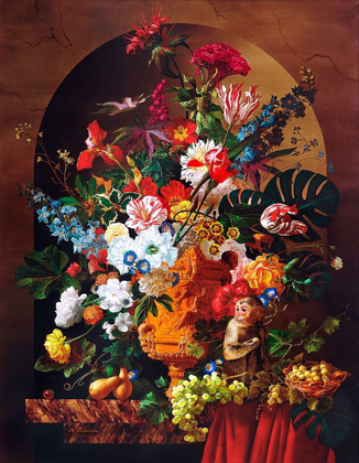 Picture of STILL LIFE WITH A MONKEY, FLOWERS AND FRUITS