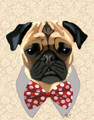 Picture of PUG WITH RED AND WHITE SPOTTY BOW TIE