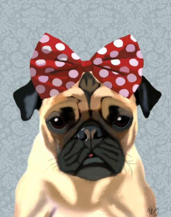 Picture of PUG WITH RED SPOTTY BOW ON HEAD