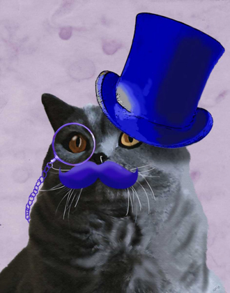 Picture of GREY CAT WITH BLUE TOP HAT AND MOUSTACHE