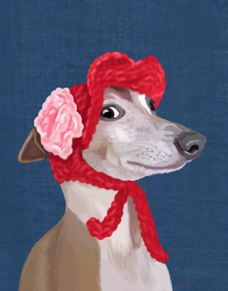 Picture of GREYHOUND WITH RED WOOLLY HAT