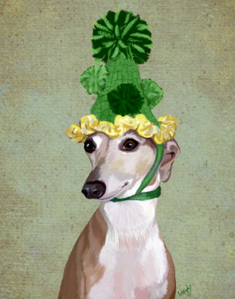 Picture of GREYHOUND IN GREEN KNITTED HAT