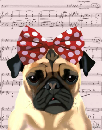 Picture of PUG WITH RED SPOTTY BOW ON HEAD