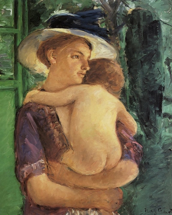 Picture of MOTHER IN HAT HOLDING HER NUDE BABY SEEN IN BACK VIEW 1909