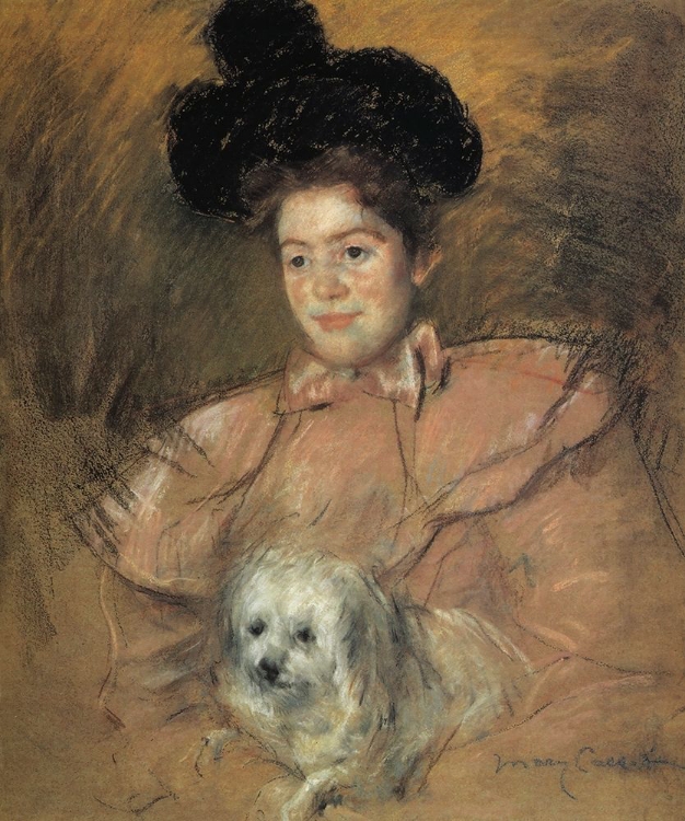 Picture of WOMAN IN RASPBERRY COSTUME HOLDING A DOG 1901