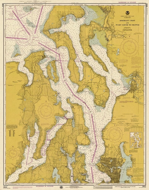 Picture of NAUTICAL CHART - ADMIRALTY INLET AND PUGET SOUND TO SEATTLE CA. 1975 - SEPIA TINTED