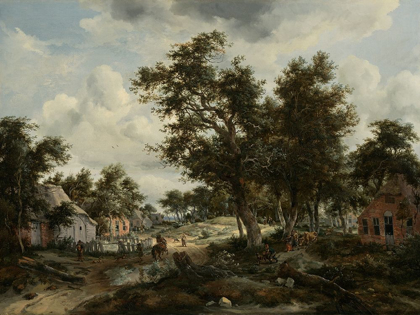 Picture of A WOODED LANDSCAPE WITH TRAVELERS ON A PATH THROUGH A HAMLET