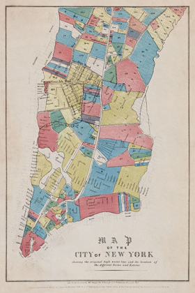 Picture of MAP OF THE CITY OF NEW YORK SHOWING ORIGINAL HIGH WATER LINE AND THE LOCATION OF DIFFERENT FARMS AND