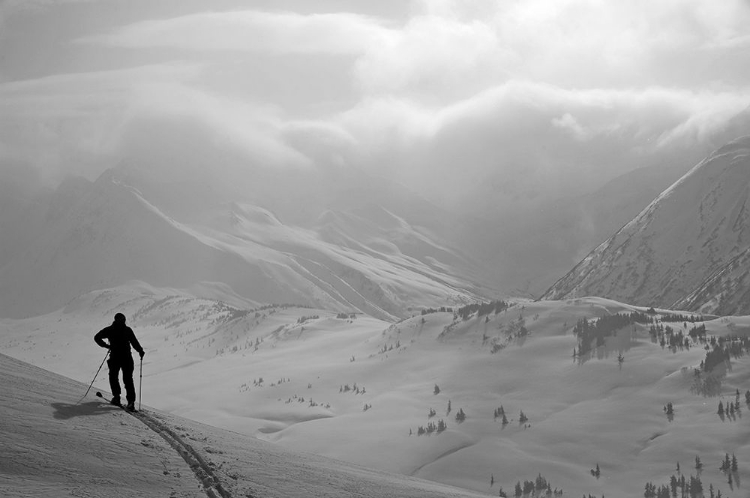 Picture of BACKCOUNTRY SKIER STANDING ON A RIDGE IN TURNAGAIN PASS, SOUTHCENTRAL, ALASKA (MR)
