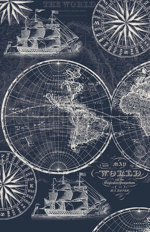 Picture of NAUTICAL OCEAN MAPS COORDIATE BLUE