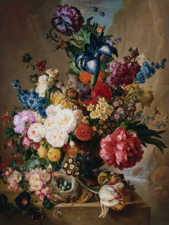 Picture of POPPIES PEONIES AND OTHER FLOWERS IN A TERRACOTTA VASE