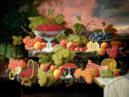 Picture of TWO-TIERED STILL LIFE WITH FRUIT AND SUNSET LANDSCAPE