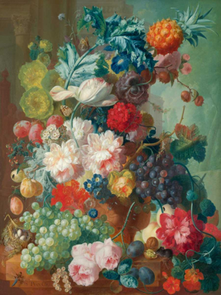 Picture of FRUIT AND FLOWERS IN A TERRACOTTA VASE