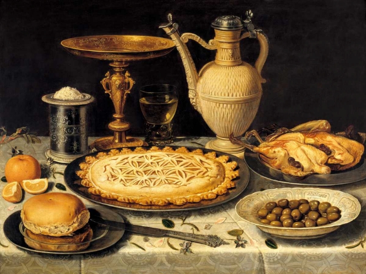 Picture of STILL LIFE WITH A TART- ROAST CHICKEN- BREAD- RICE AND OLIVES