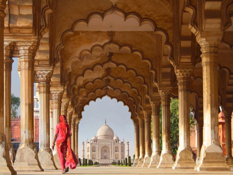 Picture of WOMAN IN TRADITIONAL SARI WALKING TOWARDS TAJ MAHAL