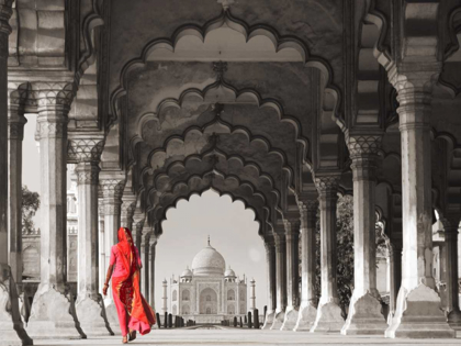 Picture of WOMAN IN TRADITIONAL SARI WALKING TOWARDS TAJ MAHAL