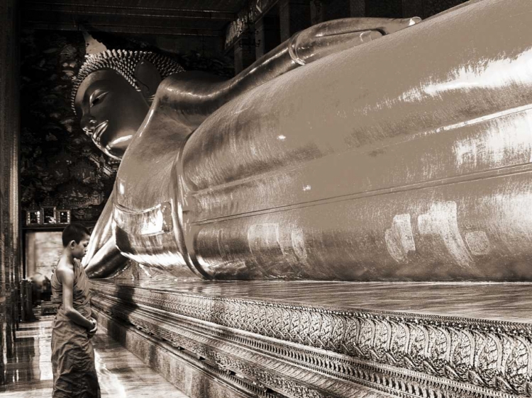 Picture of PRAYING THE RECLINED BUDDHA, WAT PHO, BANGKOK, THAILAND (SEPIA)