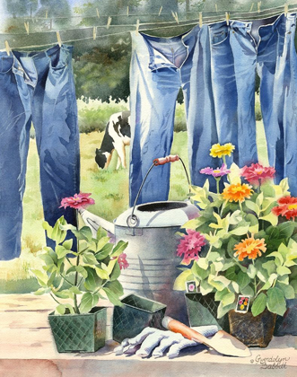 Picture of BLUE JEANS, ZINNIAS AND COW