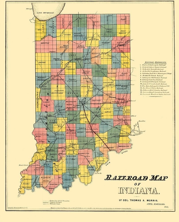 Picture of RAILROAD MAP OF INDIANA - MORRIS 1852