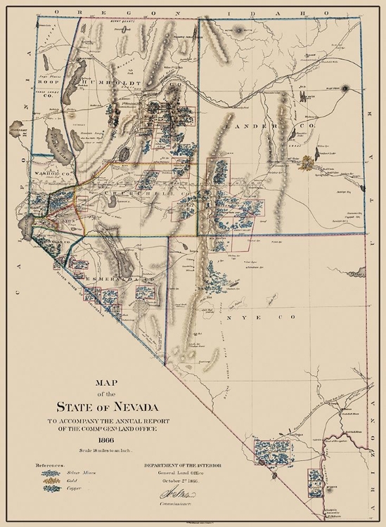 Picture of GOLD SILVER COPPER MINES NEVADA - USGS 1866