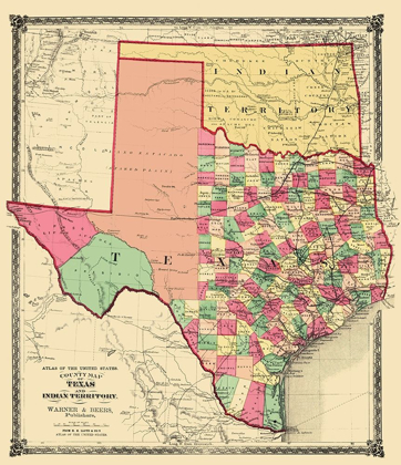Picture of TEXAS AND INDIAN TERRITORY - WARNER AND BEERS 1876