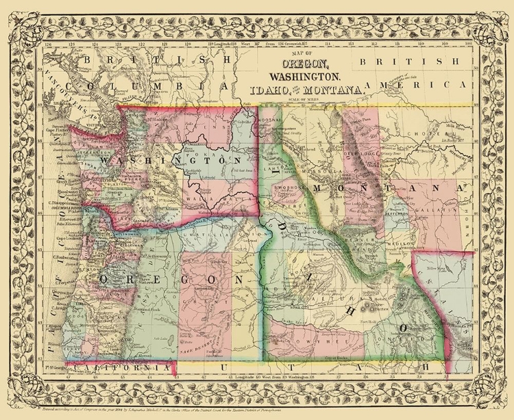 Picture of OREGON, WASHINGTON, IDAHO, MONTANA - MITCHELL 1870