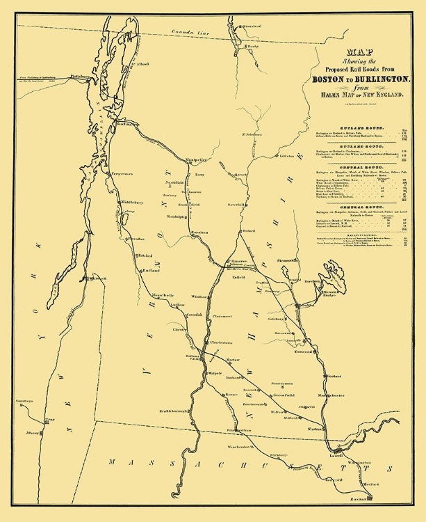 Picture of BOSTON TO BURLINGTON PROPOSED RAILROAD 1844