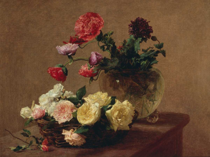 Picture of POPPIES IN A CRYSTAL VASE AND ROSES IN A BASKET (DETAIL)