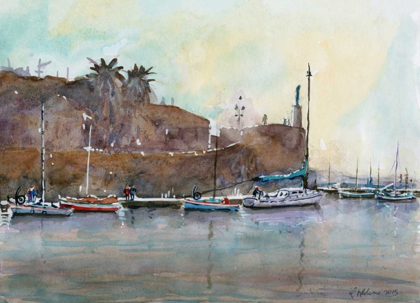 Picture of PORT OF AN OLD MEDITERRANEAN SEATWON WITH PALM TREES AND BOATS
