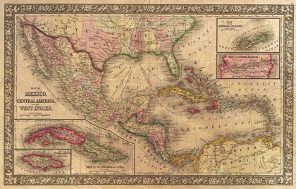 Picture of 1866 MITCHELL MAP OF MEXICO AND THE WEST INDIES ANTIQUED