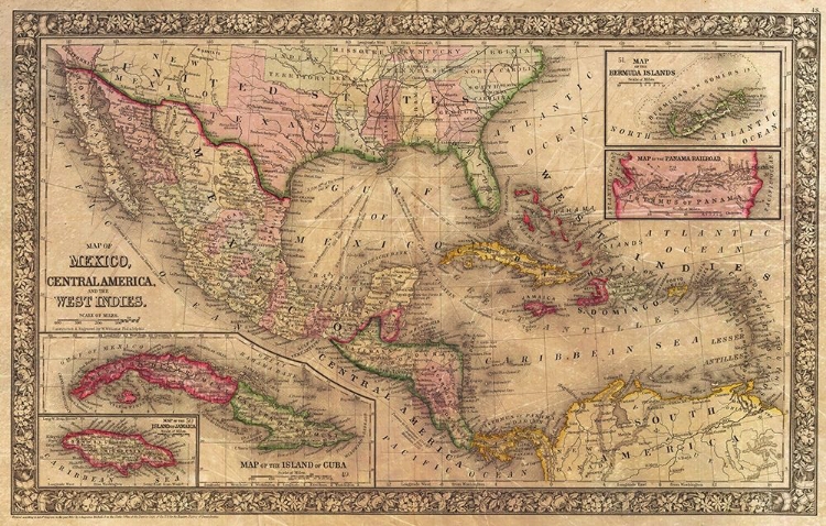 Picture of 1866 MITCHELL MAP OF MEXICO AND THE WEST INDIES ANTIQUED