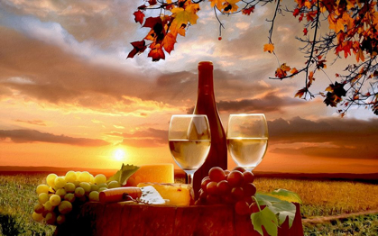 Picture of BOTTLE OF WINE WITH FRUITS AT SUNSET