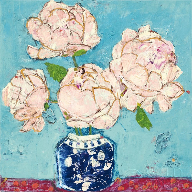 Picture of VASE OF PEONIES AQUA CORAL