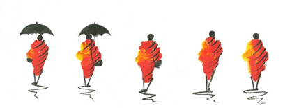 Picture of SIX AFRICAN MEN IN ORANGE CLOTHES AND UMBRELLAS II